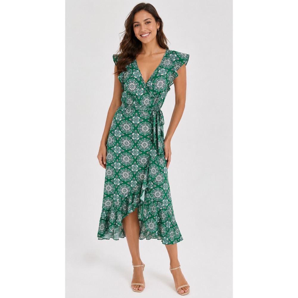 Max Studio Womens Wrap Midi Dress Medium Green Medallion‎ Print Ruffle